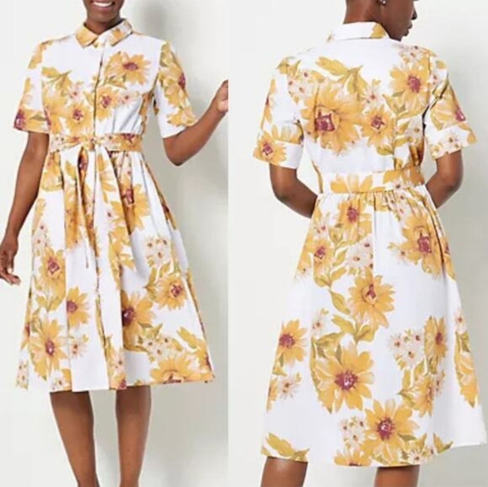 Jason Wu Sunflower Floral Belted Button Up Midi  Fit and Flare Shirt Dress